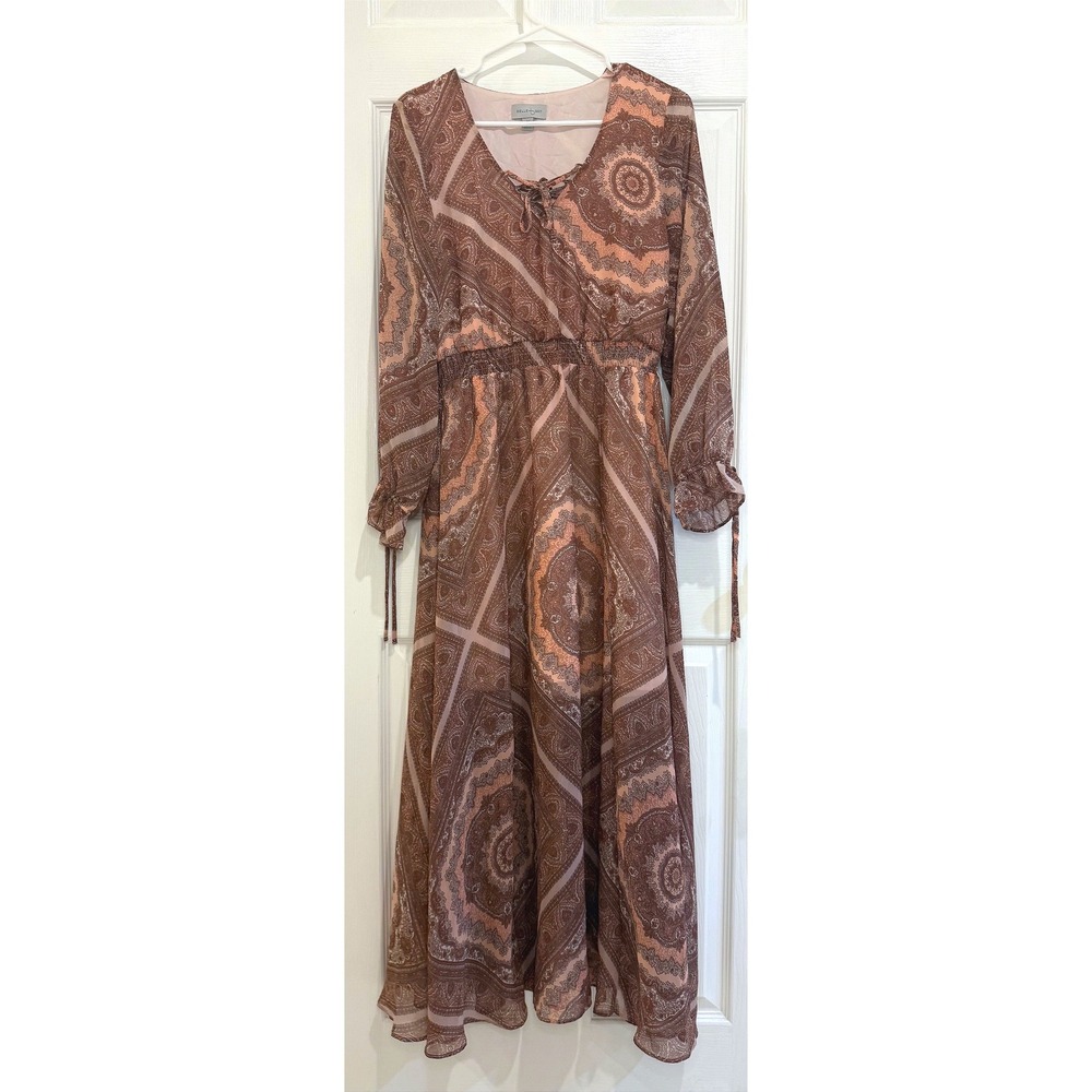 Belle Sky Paisley Print Maxi Dress Long Sleeve Lace‎ Up Boho Chic Medium